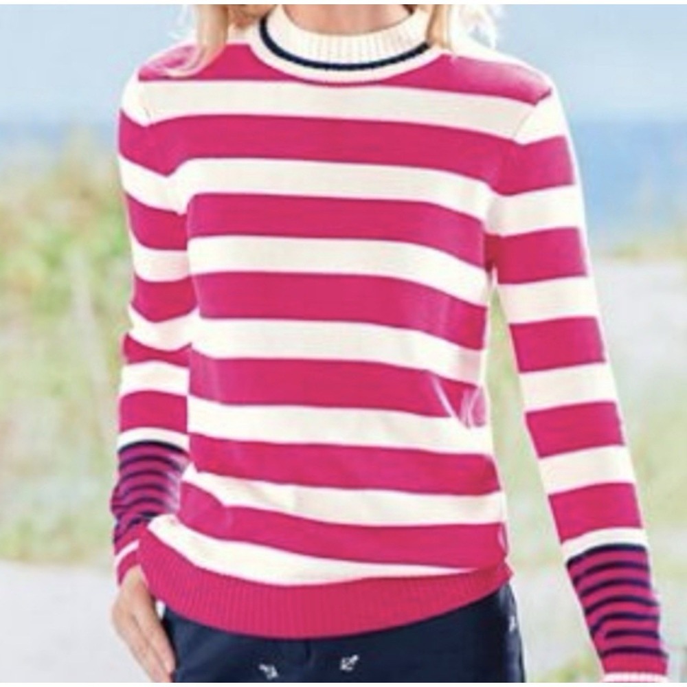Appleseed's Women's L Fuchsia Navy Nautical Coastal Striped‎ Sweater Mock Neck